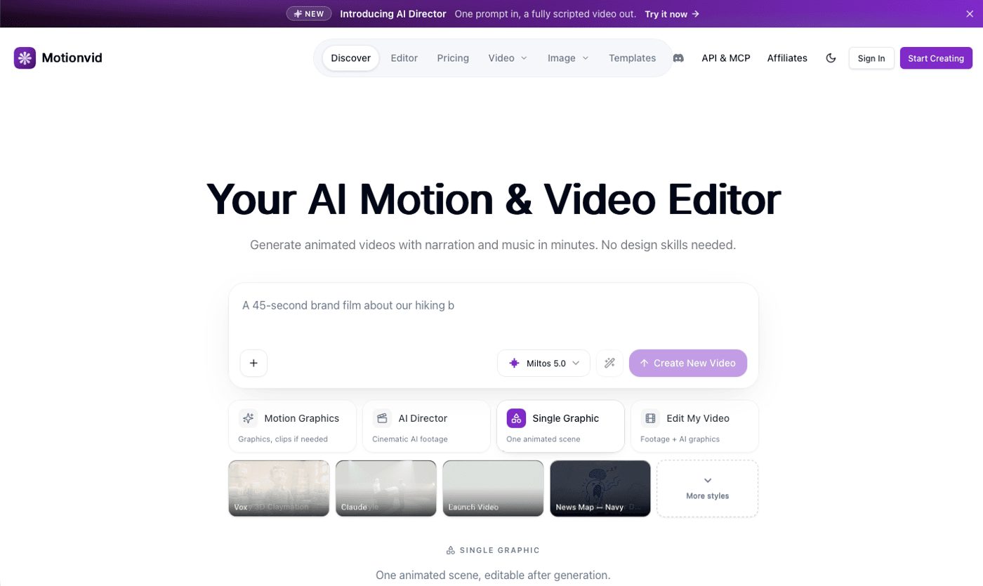 Motionvid 공식 제품 화면으로, AI 모션·영상 편집기 입력창과 모션 그래픽·AI Director·Single Graphic·Edit My Video 선택 항목이 보여요