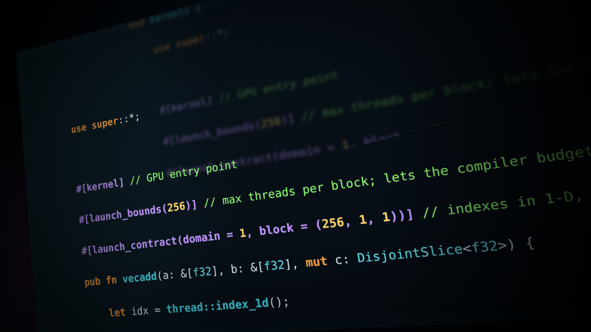 어두운 화면에 초록색과 흰색 글자로 #[kernel] GPU entry point, #[launch_contract], pub fn vecadd 같은 Rust 커널 코드가 비스듬히 표시된 이미지