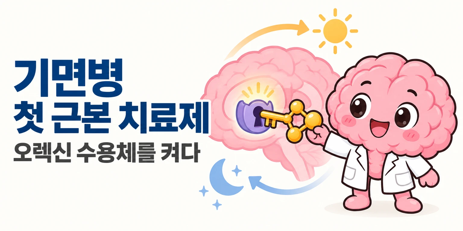AI피셜 브레인 마스코트가 낮과 밤이 나뉜 시계 앞에서 오렉신 열쇠 모양 분자가 수용체 자물쇠에 맞는 모습을 들여다봅니다.