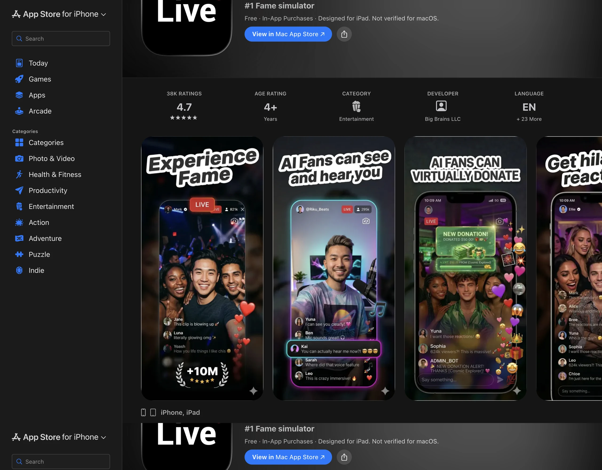 Parallel Live 앱스토어 페이지 화면입니다. 앱 이름에 Fake Live가 붙어 있고 앱 내 구매 항목이 표시되어 있습니다.