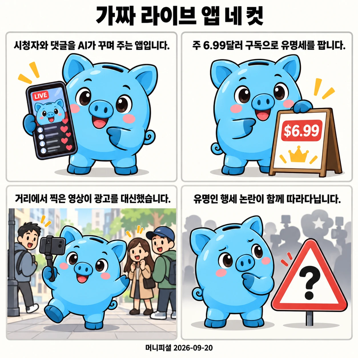 머니피셜 마스코트가 가짜 라이브 화면, 주 6.99달러 구독, 거리 촬영 영상 마케팅, 유명인 행세 논란을 네 컷으로 설명합니다.
