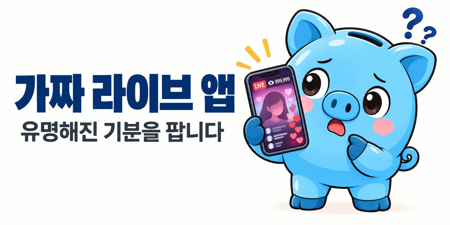 머니피셜 머니 마스코트가 스마트폰 화면 속 가짜 시청자 수와 쏟아지는 하트를 보며 고개를 갸웃합니다.