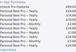 영국 App Store에 표시된 Personal Best 인앱 구매 목록. 월간·연간 Pro와 Unlock Pro Features 가격이 나열돼요