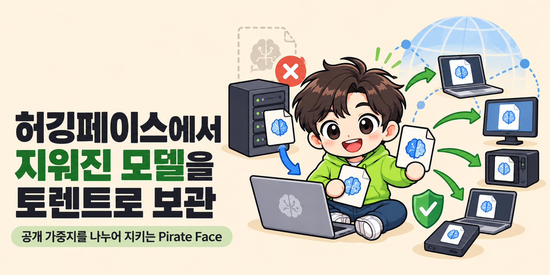 AI피셜 AI 마스코트가 등장하는 커버입니다. ‘허깅페이스에서 지워진 모델을 토렌트로 보관’ 제목과 ‘공개 가중치를 나누어 지키는 Pirate Face’ 부제가 있습니다.
