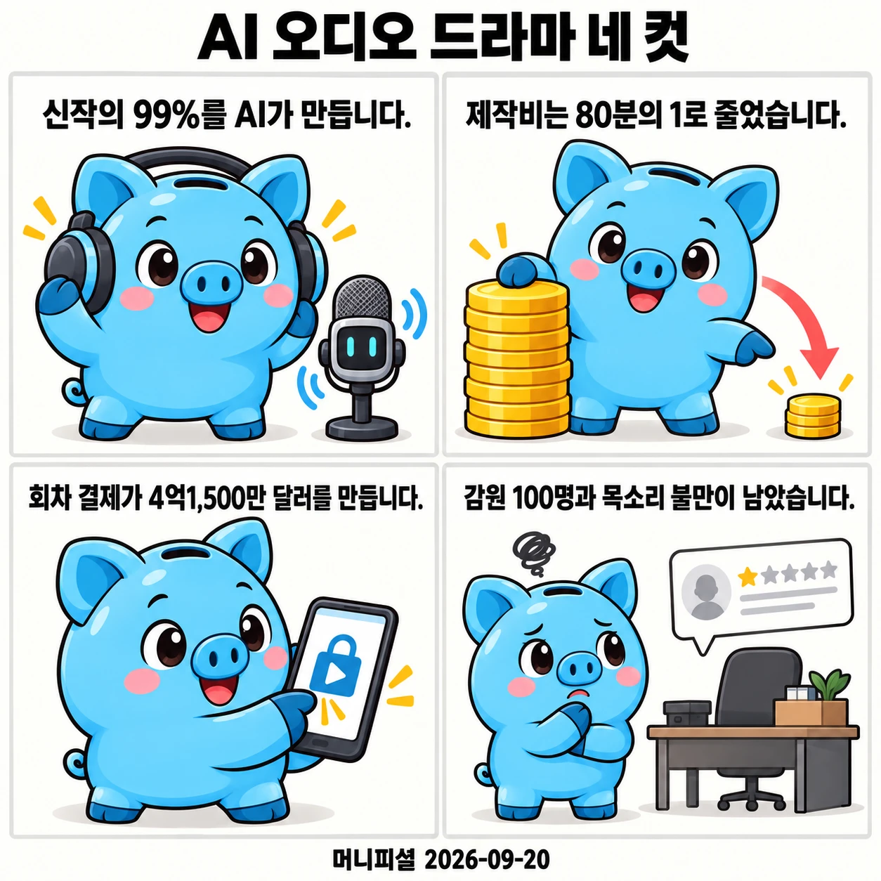 머니피셜 마스코트가 신작 99% AI 제작, 제작비 80분의 1, 회차 결제 4억1,500만 달러, 감원과 목소리 불만을 네 컷으로 설명합니다.
