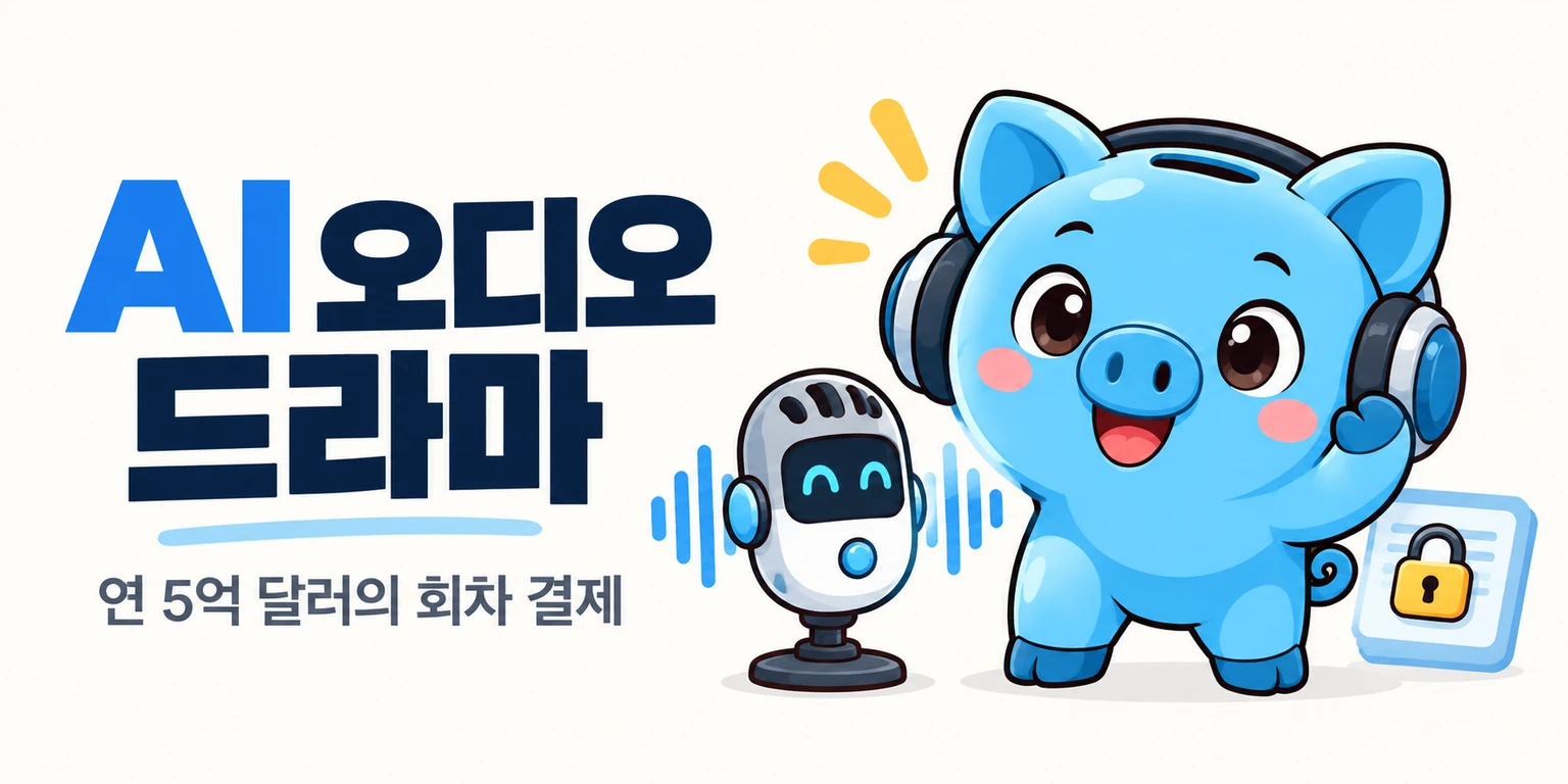 머니피셜 머니 마스코트가 헤드폰을 끼고 AI 마이크에서 쏟아지는 오디오 파형과 회차 잠금 아이콘을 바라봅니다.