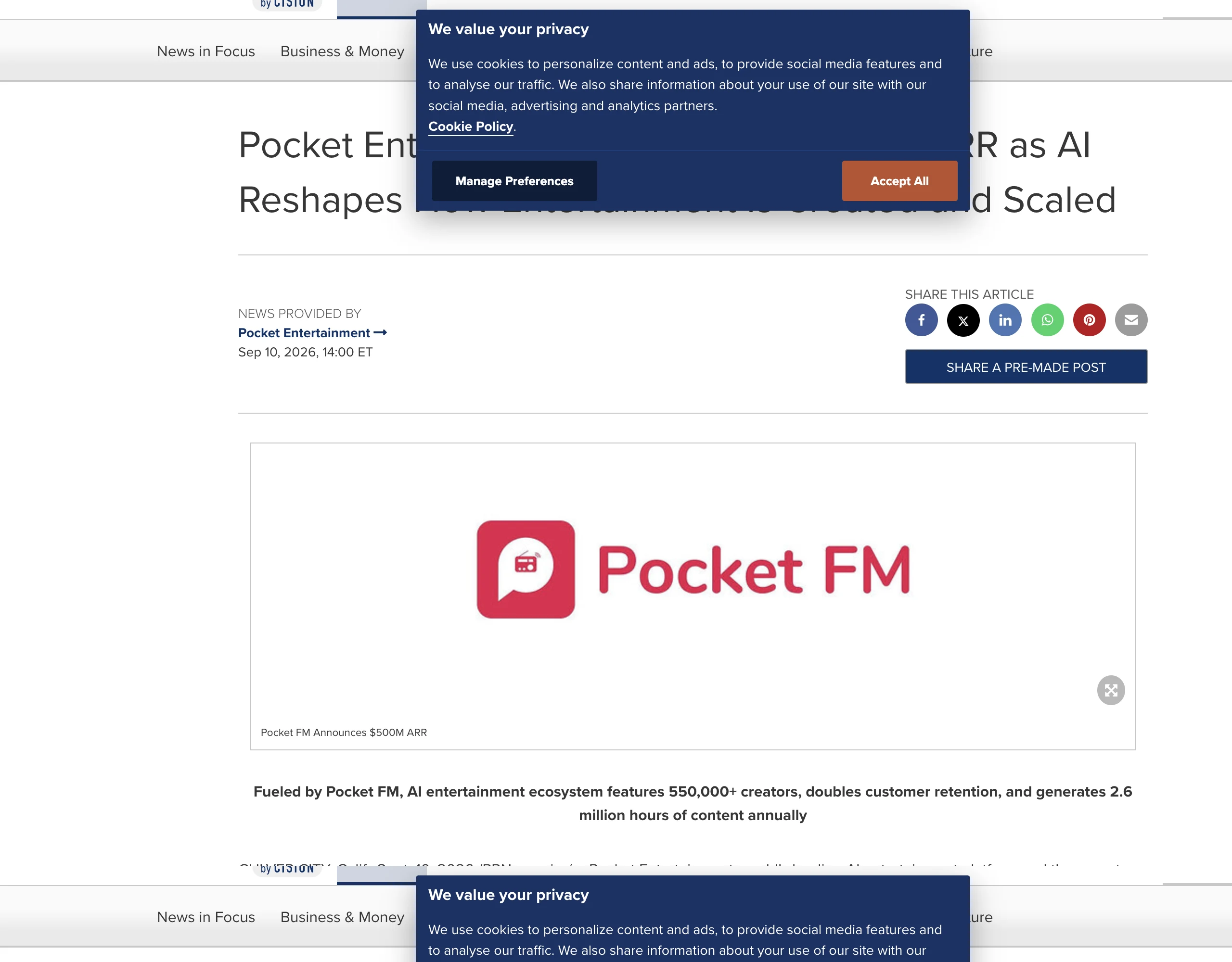 Pocket Entertainment의 연환산 매출 5억 달러 돌파 발표문 화면입니다. 창작자 55만 명과 연간 260만 시간 콘텐츠가 부제에 적혀 있습니다.