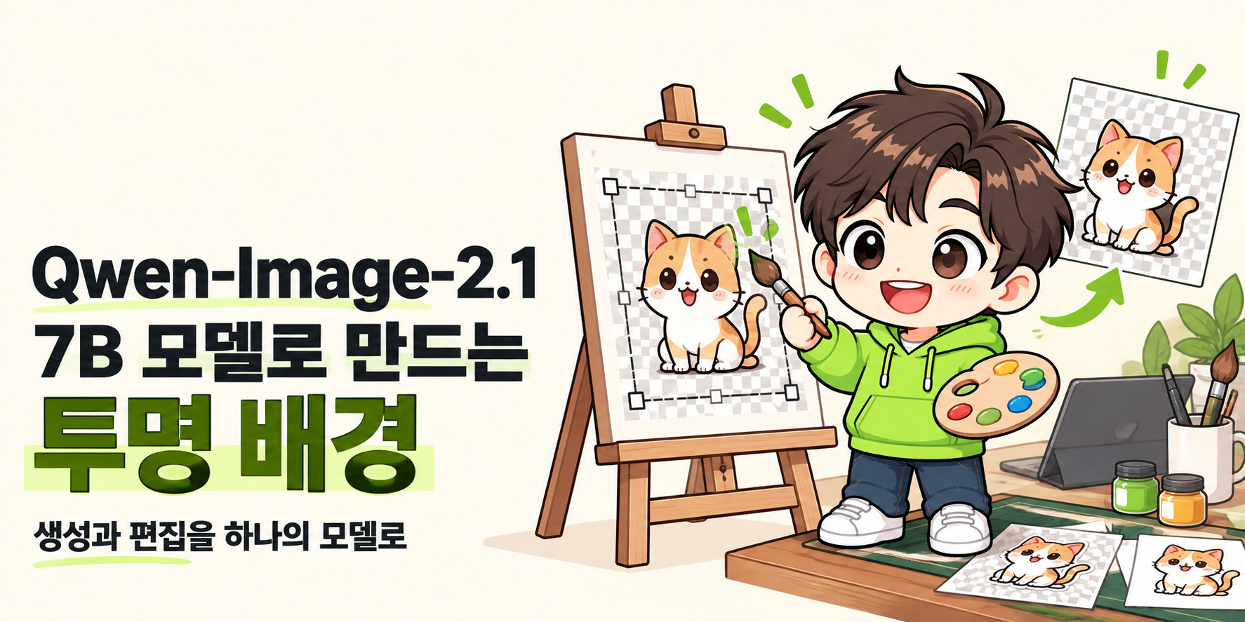 AI피셜 AI 마스코트가 등장하는 커버입니다. ‘Qwen-Image-2.1 7B 모델로 만드는 투명 배경’ 제목과 ‘생성과 편집을 하나의 모델로’ 부제가 있습니다.