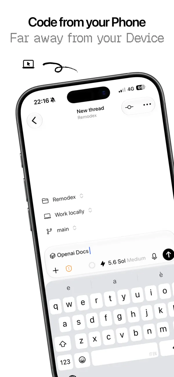 Remodex App Store 제품 소개 이미지. Code from your Phone, Far away from your Device라는 문구와 iPhone에서 OpenAI Codex 대화를 입력하는 화면이 보여요