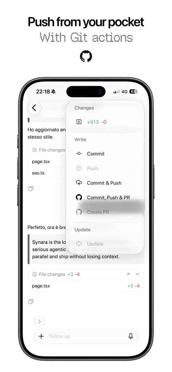 Remodex App Store 제품 소개 이미지. Push from your pocket, With Git actions라는 문구 아래 iPhone의 Commit, Push, Commit and Push 메뉴가 보여요