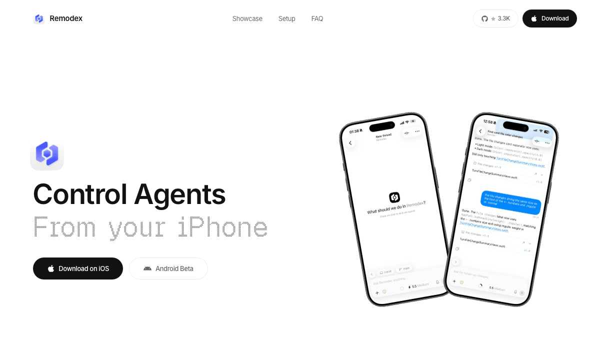Remodex 공식 제품 화면으로, Control Agents From your iPhone 문구와 Mac의 AI 코딩 작업을 확인하는 iPhone 두 대가 보여요