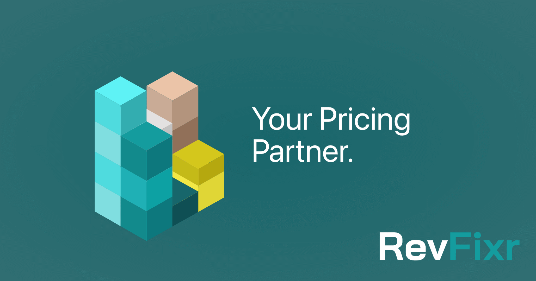 짙은 청록색 배경의 공식 카드에 쌓인 블록 모양 로고, Your Pricing Partner 문구, RevFixr 로고가 보입니다.
