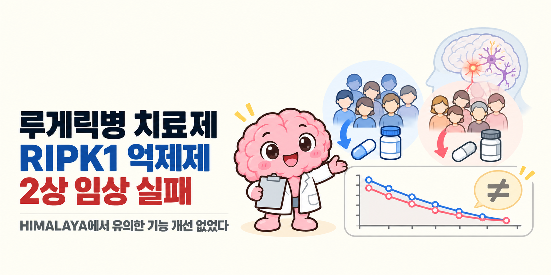 뇌피셜 Brain 박사가 등장하는 커버입니다. ‘루게릭병 치료제 RIPK1 억제제 2상 임상 실패’ 제목과 ‘HIMALAYA에서 유의한 기능 개선 없었다’ 부제가 있습니다.