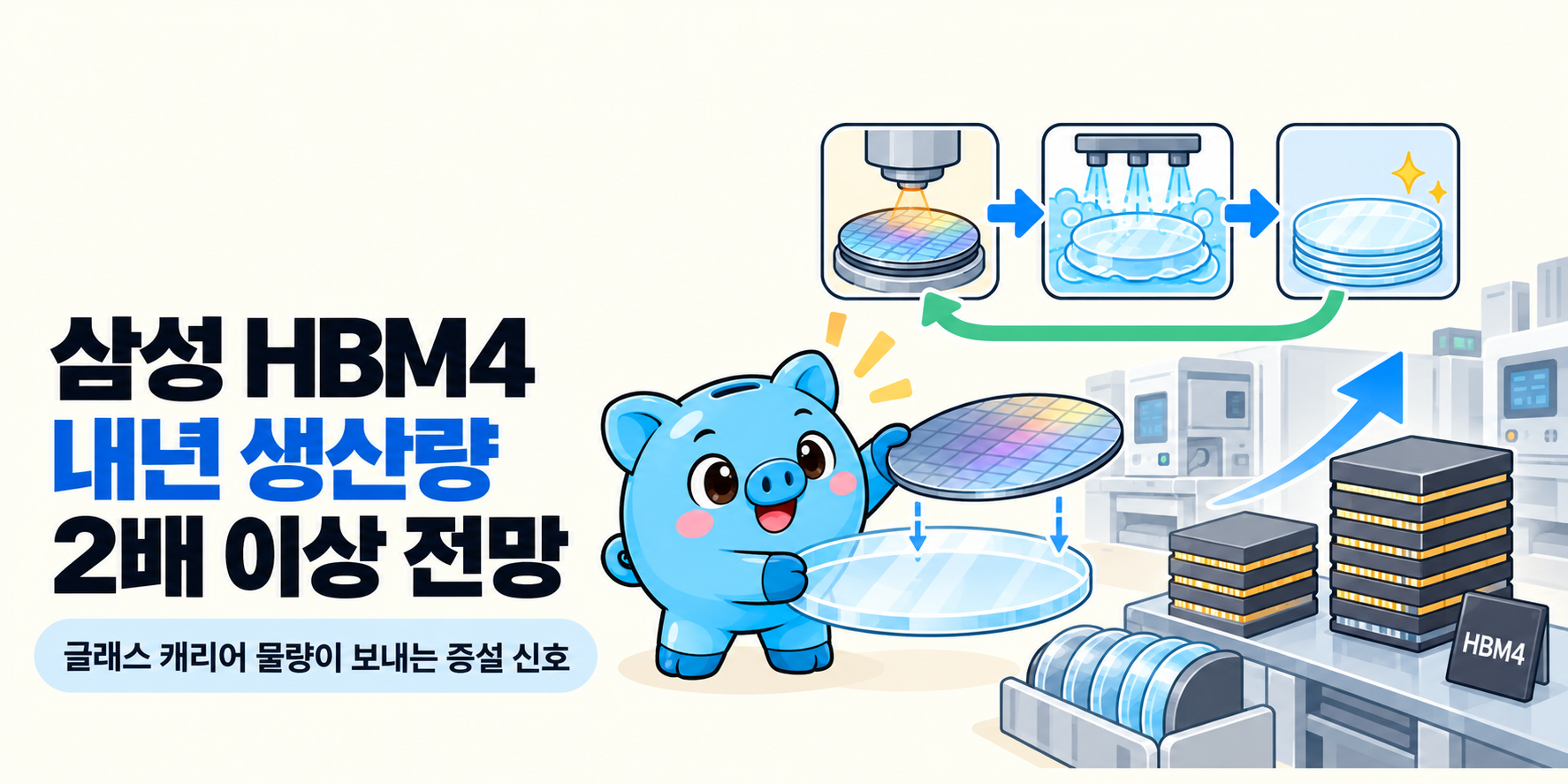 머니피셜 Money 마스코트가 등장하는 커버입니다. ‘삼성 HBM4 내년 생산량 2배 이상 전망’ 제목과 ‘글래스 캐리어 물량이 보내는 증설 신호’ 부제가 있습니다.
