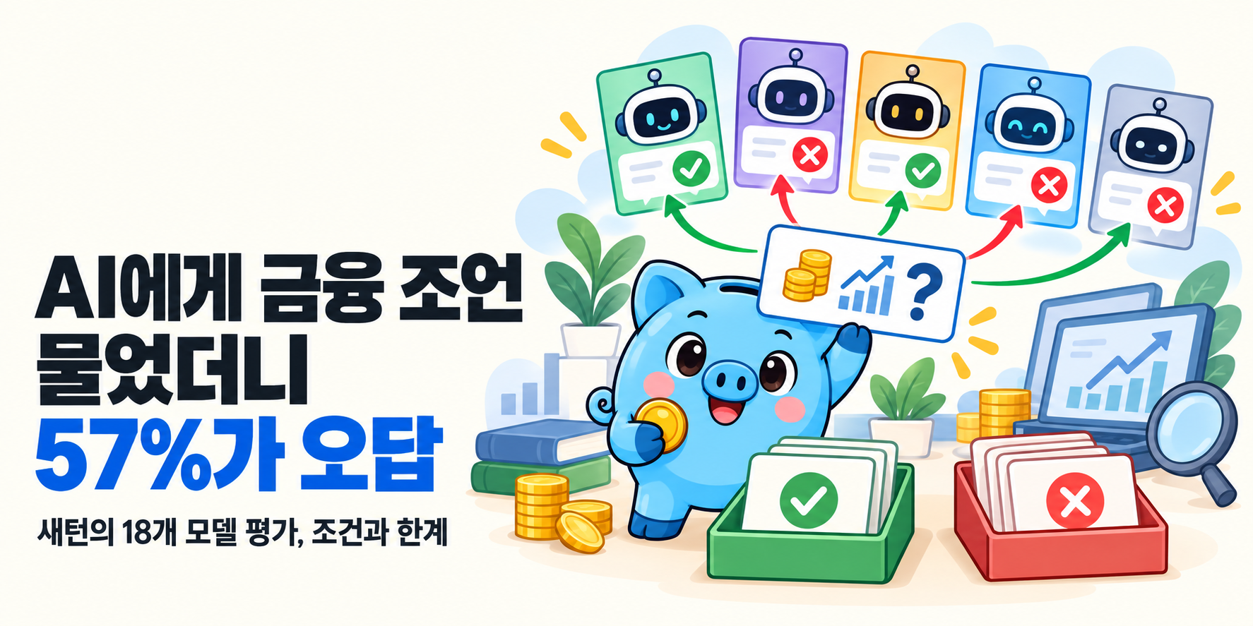 머니피셜 Money 마스코트가 등장하는 커버입니다. ‘AI에게 금융 조언 물었더니 57%가 오답’ 제목과 ‘새턴의 18개 모델 평가, 조건과 한계’ 부제가 있습니다.