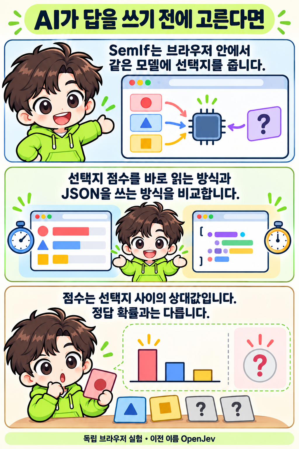 초록 후드의 AI 마스코트가 세 컷에서 브라우저 모델에 선택지를 주고, 점수 읽기와 JSON 생성을 비교한 뒤 상대 점수와 정답 확률의 차이를 설명합니다.