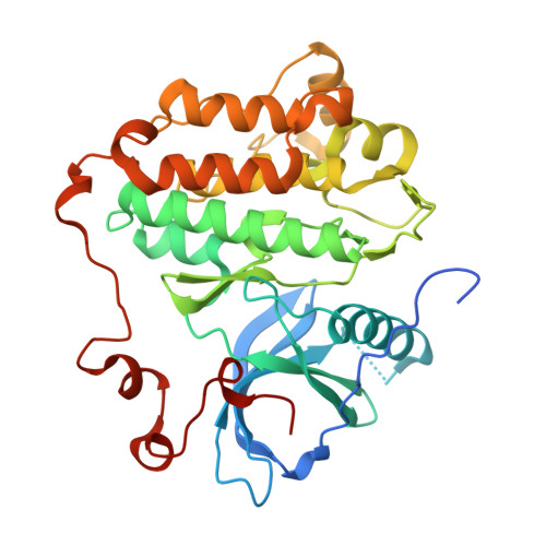 RCSB PDB 9QXN에서 야생형 EGFR 단백질 사슬과 결합한 sevabertinib을 리본 구조와 막대 모형으로 보여 주는 3차원 이미지