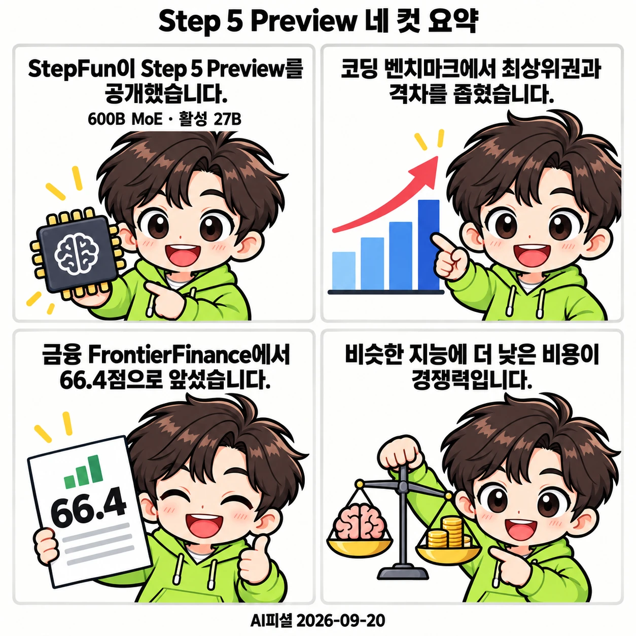 AI피셜 마스코트가 Step 5 Preview의 600B 구조, 소프트웨어 벤치마크 순위, 금융 점수 우위, 낮은 과제 비용을 네 컷으로 설명합니다.