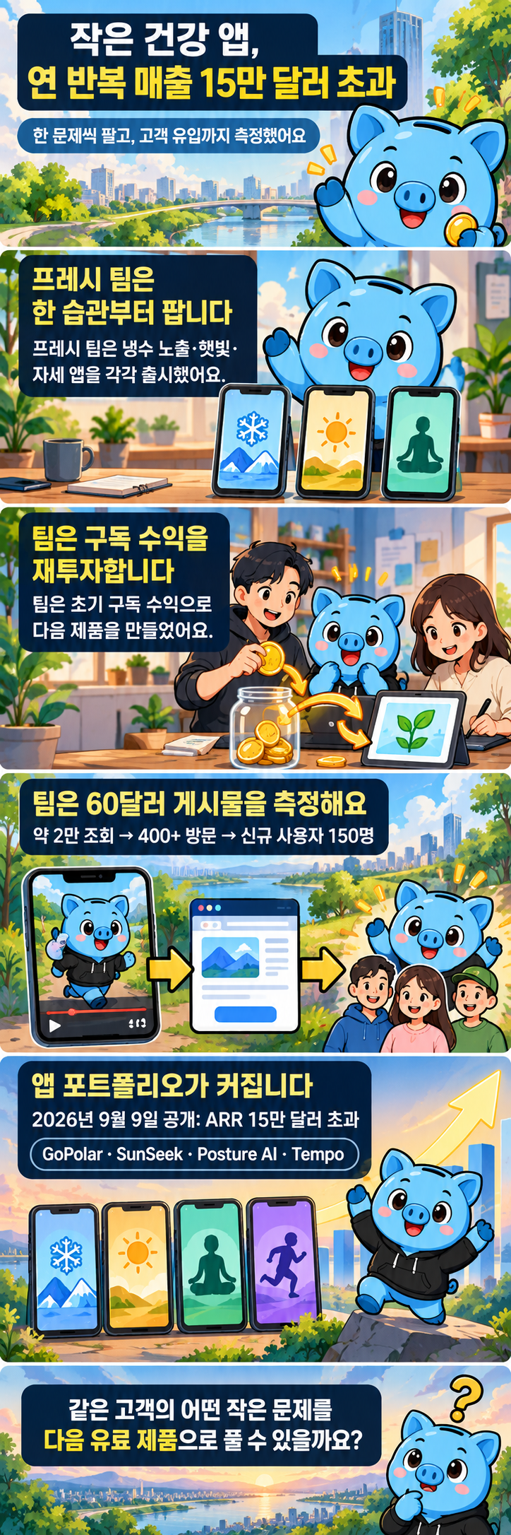 만화에서 “프레시 팀”으로 표시된 프레시 디네시쿠마르가 이끄는 팀이 냉수 노출·햇빛·자세 앱을 출시하고 구독 수익을 재투자하는 과정, 60달러 게시물이 약 2만 조회·400회 넘는 방문·신규 사용자 150명으로 이어지고 2026년 9월 9일 앱 포트폴리오 ARR 15만 달러 초과를 공개한 장면을 담은 1열 4컷 만화