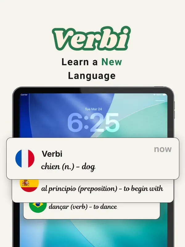 태블릿 잠금 화면에 Verbi 앱의 프랑스어, 스페인어, 포르투갈어 단어 알림이 여러 장 표시되고, 그 위에 Verbi 로고와 Learn a New Language 문구가 있습니다.