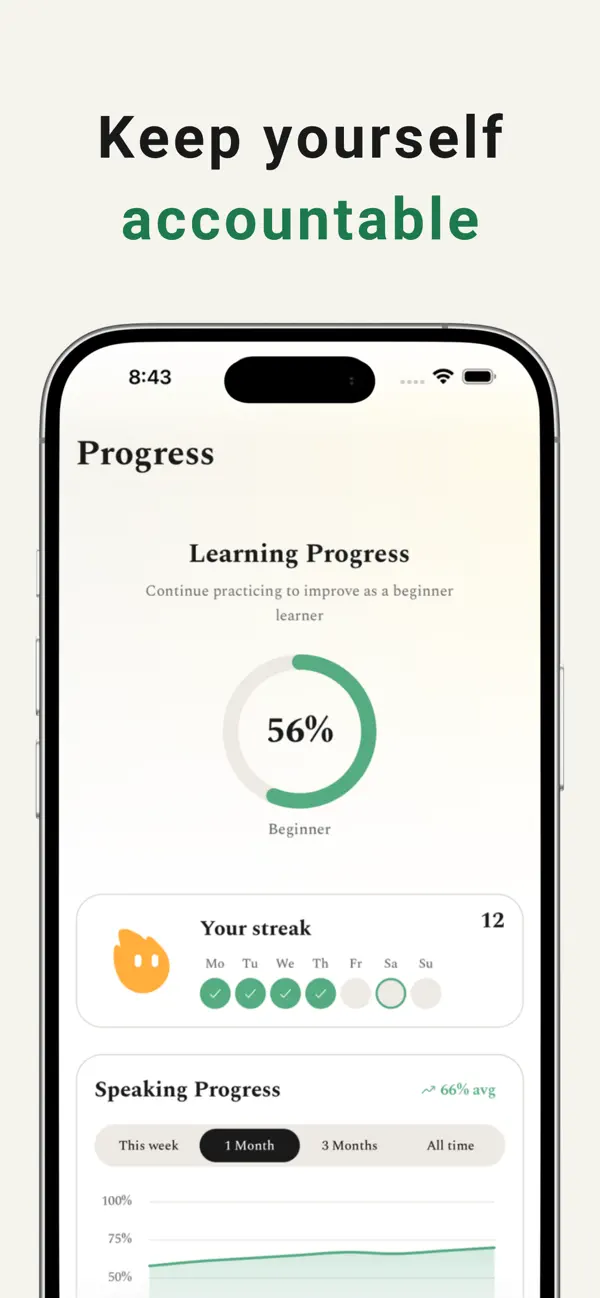 Verbi Progress 화면에 56퍼센트 학습률, 연속 학습일과 기간별 말하기 선 그래프가 표시됩니다.