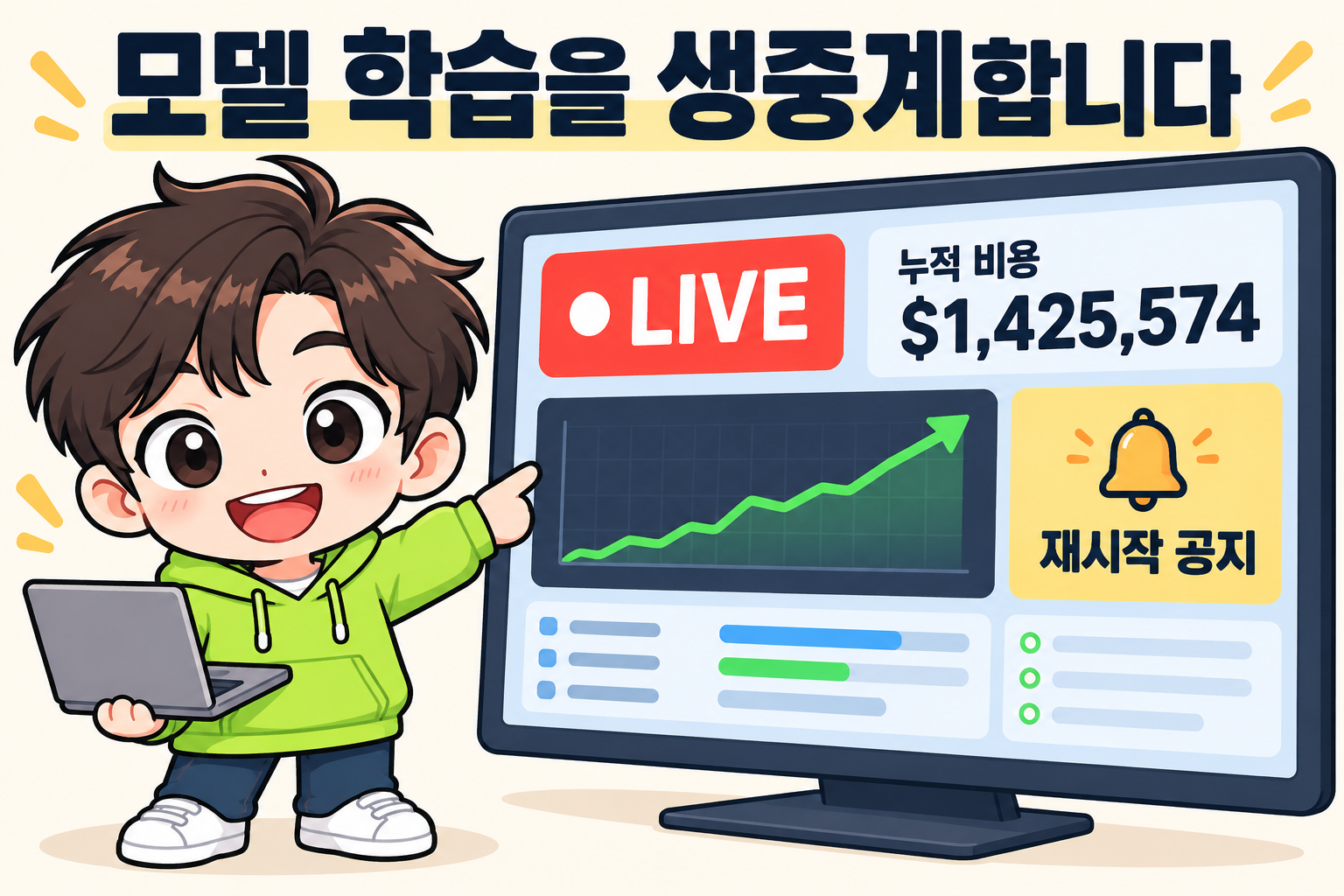 AI피셜 마스코트 AI가 라이브 표시가 켜진 학습 대시보드 앞에서 누적 비용 카드와 재시작 알림을 가리키는 가로형 썸네일